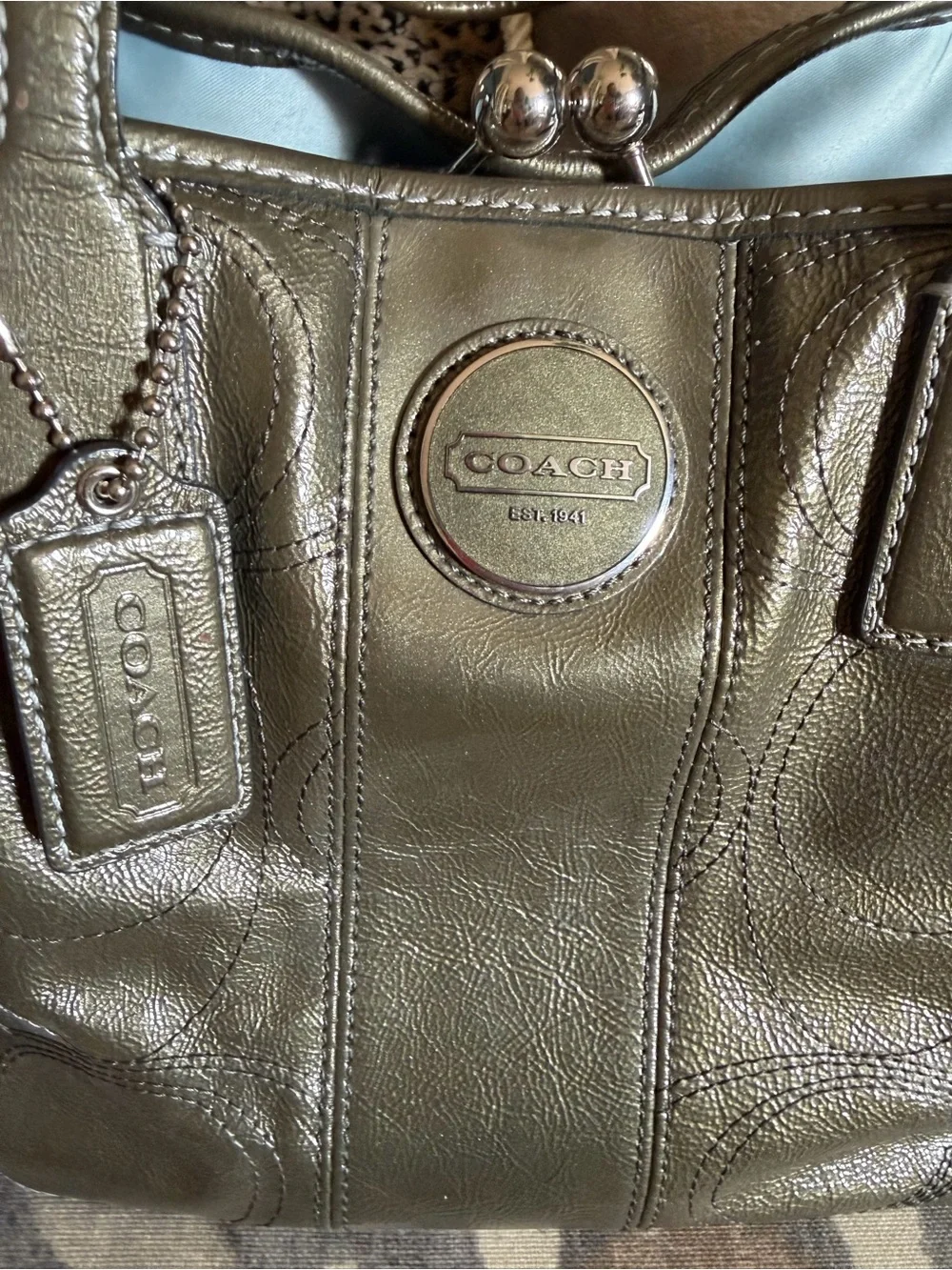 COACH Olive metallic patent Leather Signature Tote Bag F15658